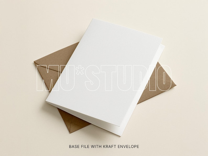 May include: A white folded card sits on a brown kraft paper envelope. The card is centered, with the envelope partially visible beneath. The text "MU*STUDIO" is overlaid on the card and envelope. The words "BASE FILE WITH KRAFT ENVELOPE" are at the bottom.