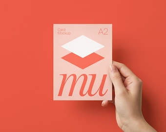 Hand Holding A2 Greeting Card Mockup: 4.25 x 5.5 inch Vertical Postcard on Editable Color Background, PSD Photoshop/Photopea