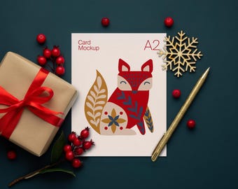 Christmas Card Mockup: A2 Vertical Flat lay Greeting Card, Realistic Paper Texture, Festive Stationery PSD Template, Digital Download