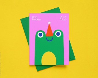 A2 Greeting Card Mockup: Customizable Envelope and Background Color, Vertical Postcard Mockup with Paper texture, PSD Stationery Template