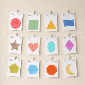 Multiple Card Mockup A5: Set of twelve flash cards hanging by pegs on string, Customizable Background Color, PSD Photoshop Template Download