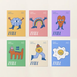 May include: Six A6 card mockups with colorful illustrations of whimsical characters. Each card features a unique design, including a cloud with an eye, a rainbow, a heart, a tiger, a running figure, and a fried egg. The word "mu" is printed on each card.