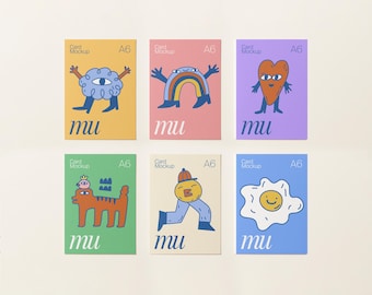 6 Card Mockup A6: Flat-lay greeting card set image for Photoshop, Customizable Background Color, Paper Texture, PSD Digital Download