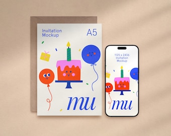 A5 Invitation Mockup with Card and Phone: 5x7 Flatlay, Customizable Envelope, Editable Background Color, PSD Template (Digital Download)