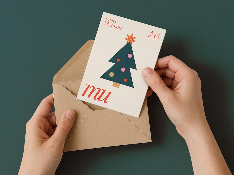 May include: A6 card mockup with a Christmas tree design, held in a brown envelope. The card features a green tree with pink and yellow ornaments and a red star. The text "Card Mockup" and "mu" are also visible.