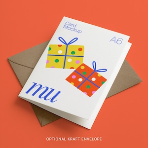 May include: A6 card mockup with a kraft envelope on an orange background. The card features two gift box illustrations with colourful polka dots and blue bows. The word "mu" is written in blue script.