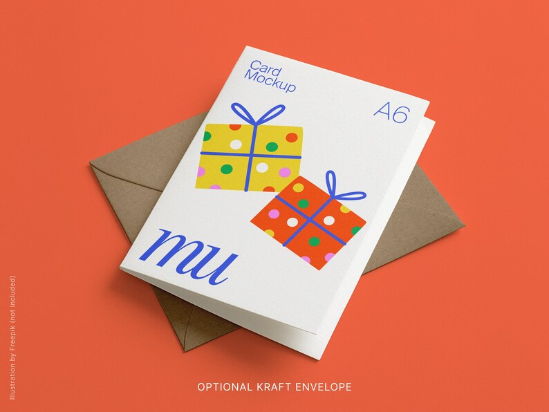 May include: A6 card mockup with a kraft envelope on an orange background. The card features two gift box illustrations with colourful polka dots and blue bows. The word "mu" is written in blue script.