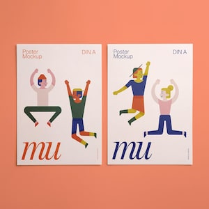 Op de afbeelding: Twee posters met kleurrijke illustraties van gestileerde figuren in verschillende poses. De posters hebben bovenaan de tekst "Poster Mockup" en "DIN A". Het woord "mu" staat onderaan in een gestileerd lettertype. De achtergrond is effen perzik van kleur.