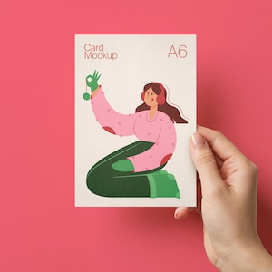 Hand Holding Greeting Card Mockup: A5 / A6 Vertical Postcard on Editable Color Background, PSD Photoshop/Photopea (Digital Download)