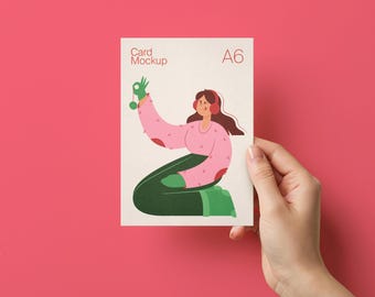 Hand Holding Greeting Card Mockup: A5 / A6 Vertical Postcard on Editable Color Background, PSD Photoshop/Photopea (Digital Download)