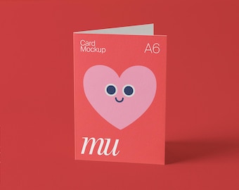 A6 Folded Card Mockup: Standing Vertical Card on Customizable Color Background, Portrait Greeting Card PSD Template