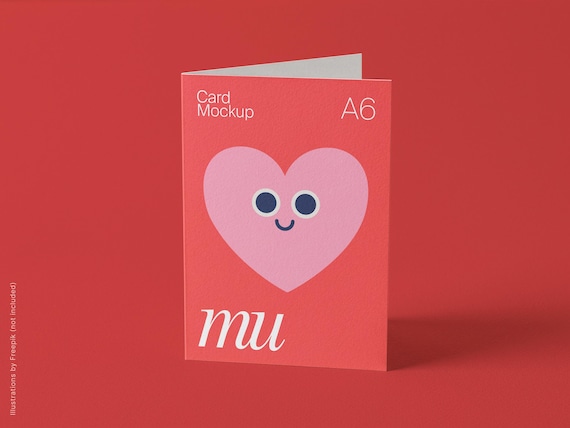 A6 Folded Card Mockup: Standing Vertical Card on Customizable Color Background, Portrait Greeting Card PSD Template