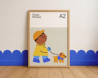 Framed Vertical Poster Mockup with Editable Background Color: Simple A2 Wall Art Mockup for Kids Room. PSD Digital Download.