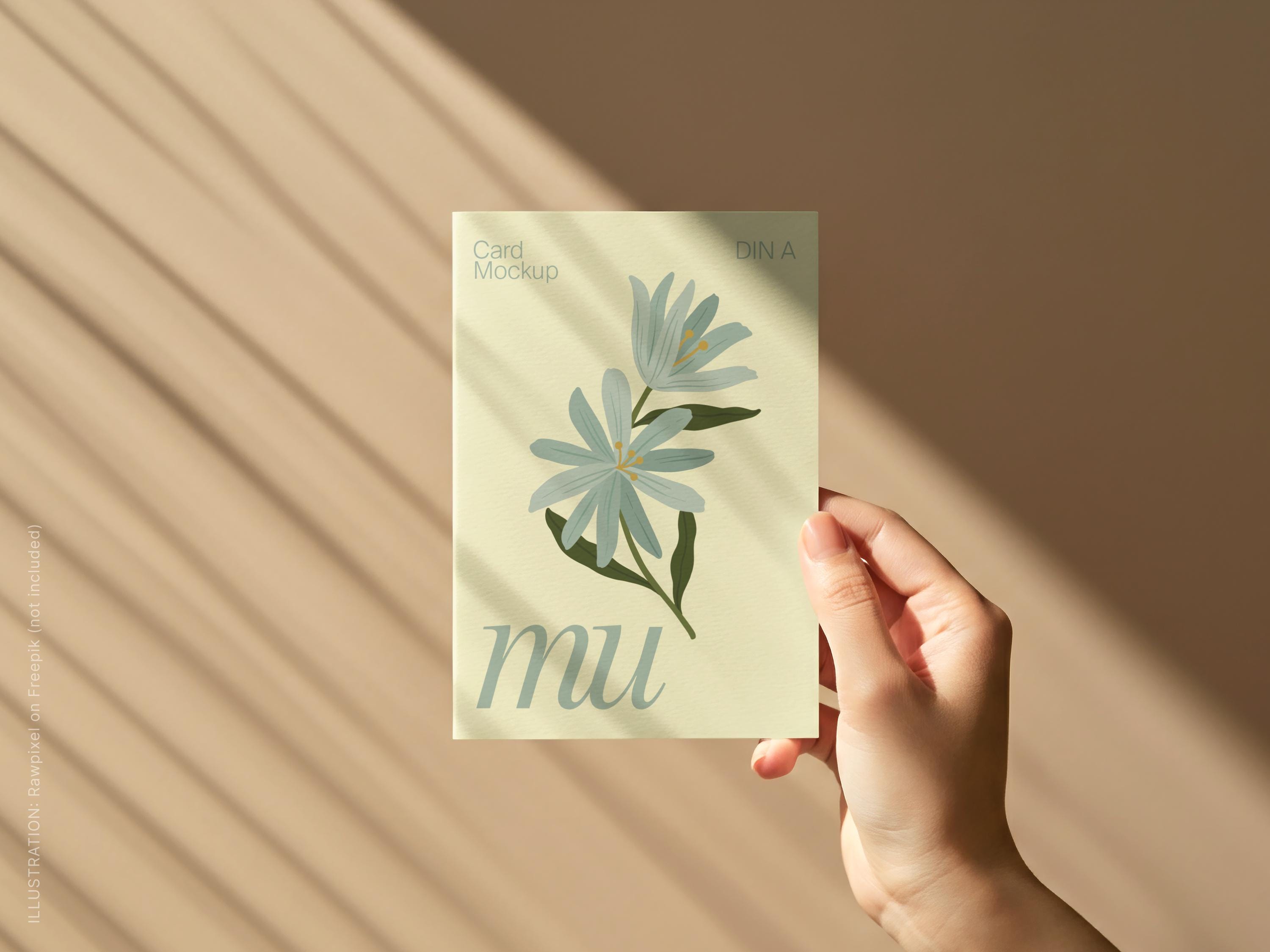 Greeting Card Mockup. DIN A Ratio. PSD Photoshop / Photopea. Hand holding card. PSD Invite mockup with person. Postcard Mockup. A6 Postcard.