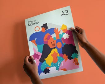 A3 Unframed Poster Mockup: Hands Holding Paper, Printable Calendar Mockup, Editable Background Color (PSD File)