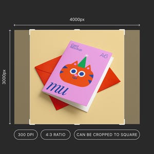May include: A pink A6 card mockup featuring an orange cartoon cat with a green party hat. The card sits on a red envelope, with the word "mu" in blue. The background is a light tan colour.