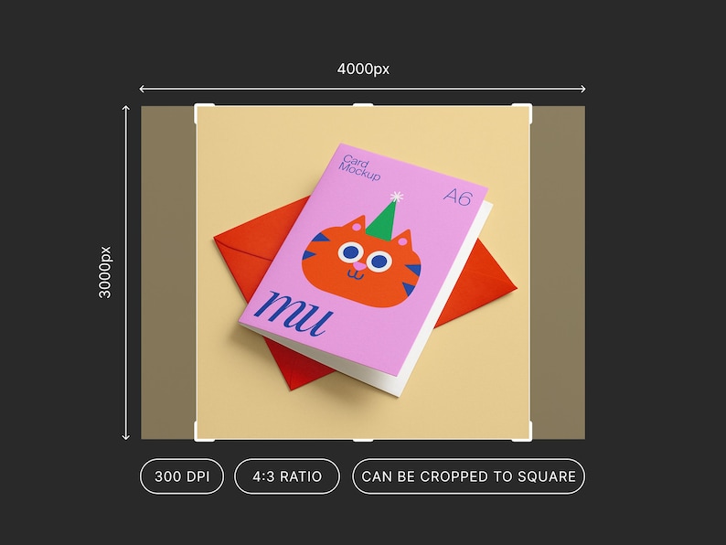 May include: A pink A6 card mockup featuring an orange cartoon cat with a green party hat. The card sits on a red envelope, with the word "mu" in blue. The background is a light tan colour.
