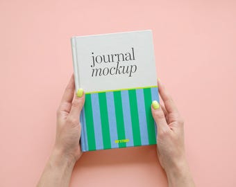 Journal Mockup: A5 Hardback Notebook Mockup with Hands, 5x7 ratio, Editable Background Color, PSD Template (Digital Download)
