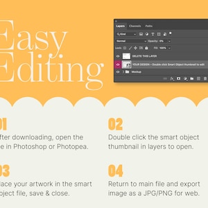 May include: A graphic with the words "Easy Editing" and numbered steps for using Photoshop or Photopea. The steps include opening a file, double-clicking a smart object, and saving the image as a JPG or PNG.