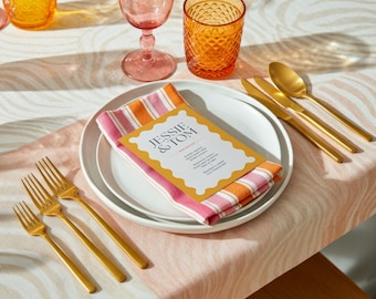 Colorful Wedding Menu Mockup: A5 A6 Portrait Card, Boho Tablescape, Place Setting Mockup (PSD File)