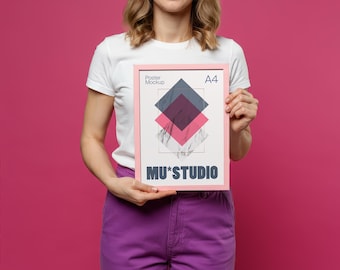 Playful Framed Poster Mockup: Woman Holding Vertical A4 Poster Frame, Editable Background and Frame Color (PSD File, Digital Download)