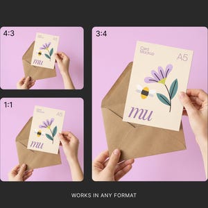 May include: A5 card mockup featuring a floral and bee illustration, held in a brown envelope. The card has the word "mu" and the text "Card Mockup" and "A5". The background is a solid light purple color.