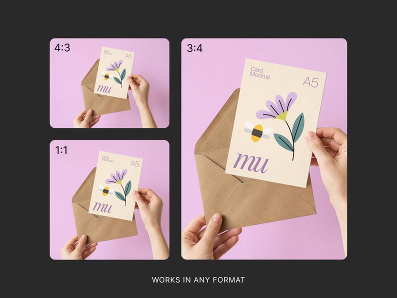May include: A5 card mockup featuring a floral and bee illustration, held in a brown envelope. The card has the word "mu" and the text "Card Mockup" and "A5". The background is a solid light purple color.
