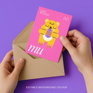Vertical 5x7 Greeting Card Mockup with hands: Kraft Envelope, Editable Background Color, A6 Postcard PSD Template, Digital Download image 3