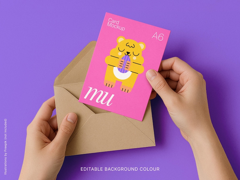 Vertical 5x7 Greeting Card Mockup with hands: Kraft Envelope, Editable Background Color, A6 Postcard PSD Template, Digital Download image 3