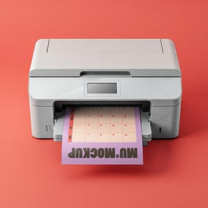 Peut inclure: Une imprimante blanche avec une feuille de calendrier imprimée sortant du bac de sortie. Le calendrier a une mise en page en grille avec une palette de couleurs rose clair et beige. Le texte "MU*MOCKUP" est imprimé en bas de la feuille.
