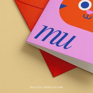 May include: A pink card with the word "mu" in blue script, featuring an orange cat illustration. The card is partially covering a red envelope, set against a beige background. The words "REALISTIC PAPER TEXTURE" are at the bottom.