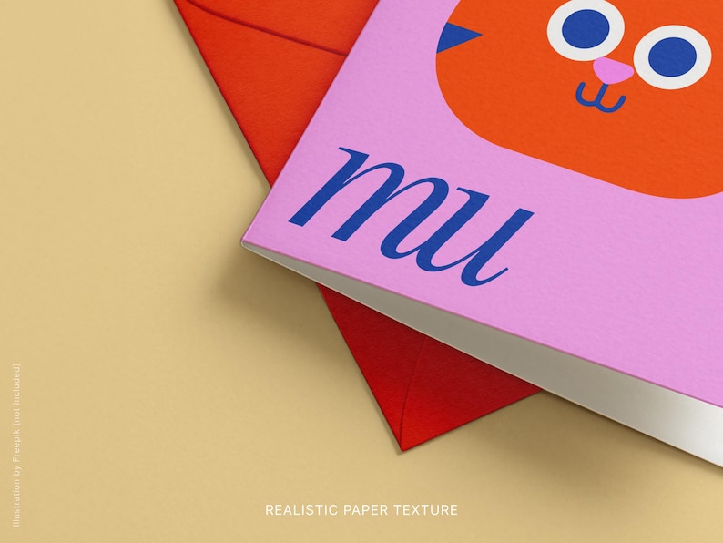 May include: A pink card with the word "mu" in blue script, featuring an orange cat illustration. The card is partially covering a red envelope, set against a beige background. The words "REALISTIC PAPER TEXTURE" are at the bottom.