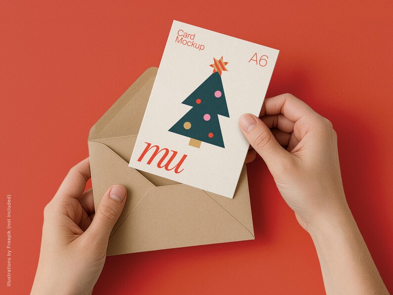 May include: A6 card mockup with a Christmas tree design, held in a kraft paper envelope against a red background. The card features a green tree with pink and yellow ornaments and a star. The word "mu" is printed in red.
