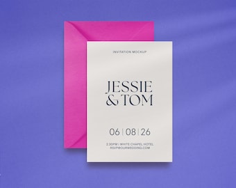 Wedding Invitation Mockup:  A6/A5 5-7 Vertical Card Mockup with Envelope, Editable Envelope Color, Customizable Background, Stationery PSD