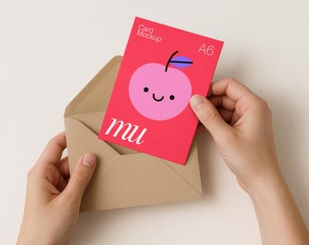 Vertical 5x7 Greeting Card Mockup with hands: Kraft Envelope, Editable Background Color, A6 Postcard PSD Template, Digital Download