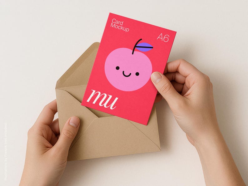 Vertical 5x7 Greeting Card Mockup with hands: Kraft Envelope, Editable Background Color, A6 Postcard PSD Template, Digital Download image 1