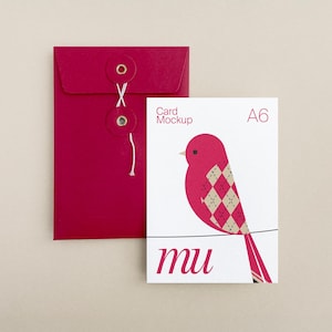 A6 Greeting Card Mockup: Customizable Background Color, Red Envelope with String and Washer, Vertical Postcard PSD Template