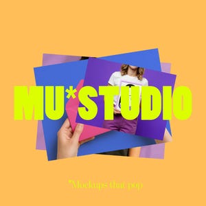 May include: A bright graphic design with the text "MU*STUDIO" in yellow, set against a backdrop of colourful shapes and a person holding a framed image. The background is a warm orange with a yellow sunburst graphic. The phrase "Mockups that pop" is at the bottom.