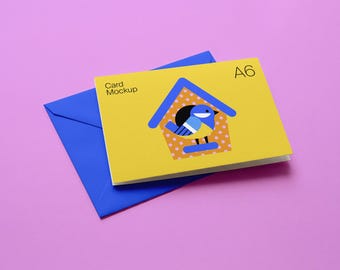 A6 Folded Landscape Card Mockup: Customizable Color  or Kraft Envelope, Editable Background, Horizontal Greeting Card PSD Template