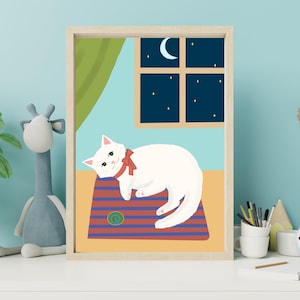 Katzen Kunstdruck Katze mit Mond und Sternen Katze auf einer Matte liegend mit Mond und Sternen fürs Kinderzimmer
