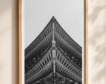 Seoul Pagoda Architecture Print, Gyeongbokgung Palace Symmetry, Black and White Photography