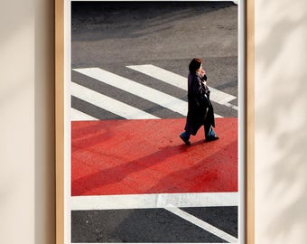 Seoul Street Photography Print, Minimalist Red Crossing Wall Art