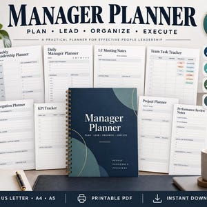 May include: A spiral-bound Manager Planner with a dark blue cover featuring abstract teal circles and white text. The set includes various printable planner pages for weekly leadership, daily tasks, 1:1 meetings, team tracking, and performance reviews.