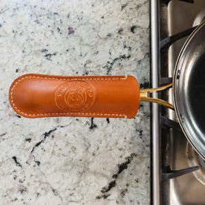 Leather Skillet Handle Cover, Personalized Pot Sleeve, Handmade USA