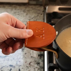 Personalized Leather Pot Handle Cover, Flat Pan Handle Grip, Handmade USA