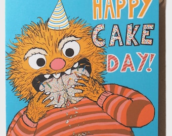 Bright Stem Kids Birthday Card: Yellow Furry Monster 'Happy Cake Day'