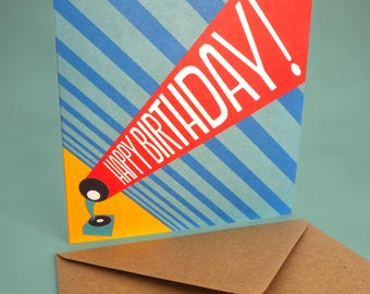 Bright Stem Happy Birthday Card and Envelope With Vintage Record Player Illustration