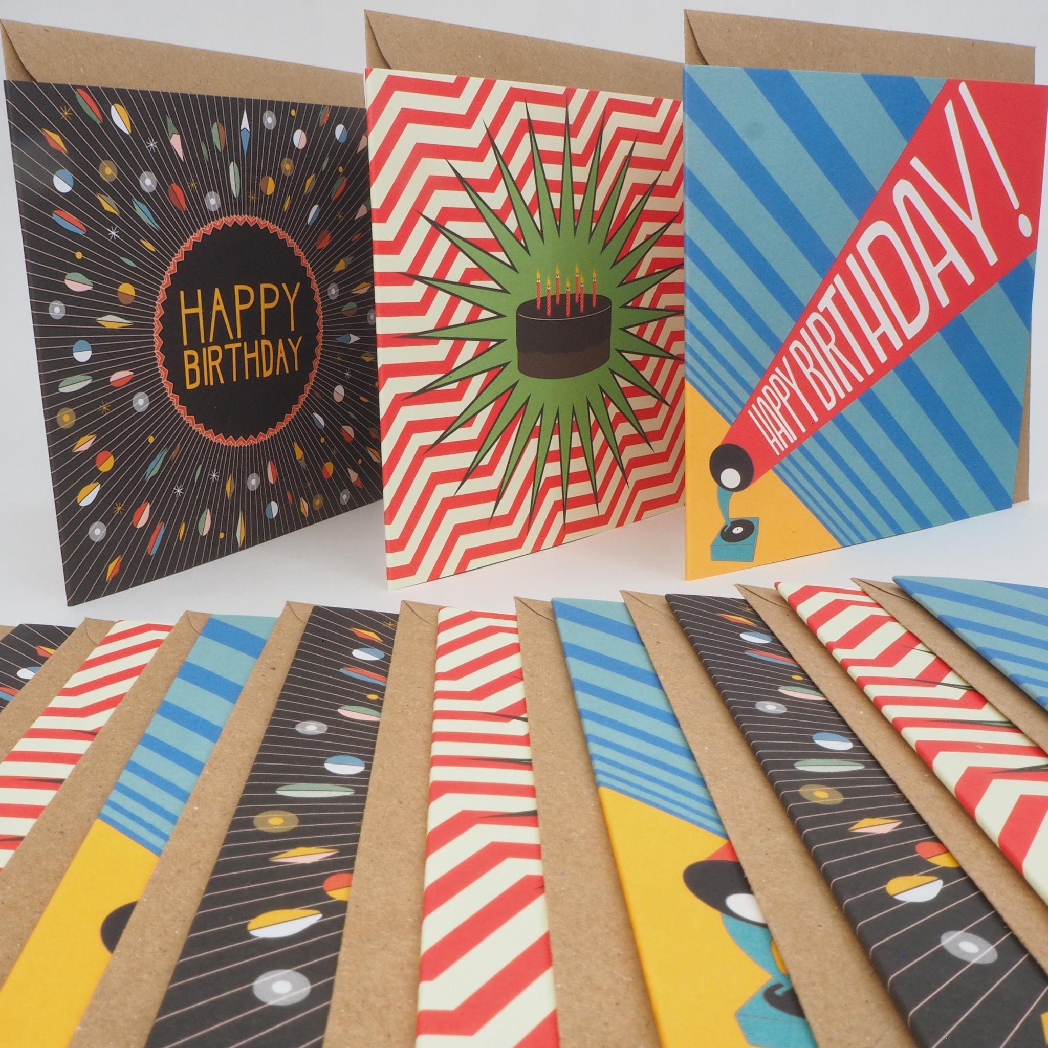 Vintage Style Birthday Cards with Recycled Envelopes - 12 Pack Mens/Unisex