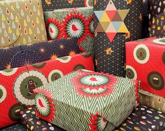 Bright Stem Recyclable Christmas Wrapping Paper: Vintage Style Geometric Designs, 6 Sheets & Tags Made in the UK