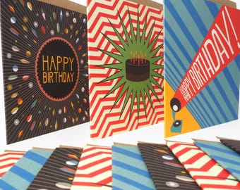 Bright Stem Birthday Cards Multipack with Envelopes Recycled, Vintage Style - 12 Pack Mens/Unisex